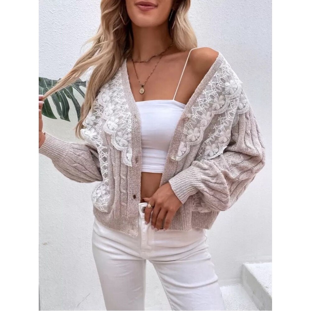 NWT Tan Cable Knit Lace Trim Cardigan Sweater XL